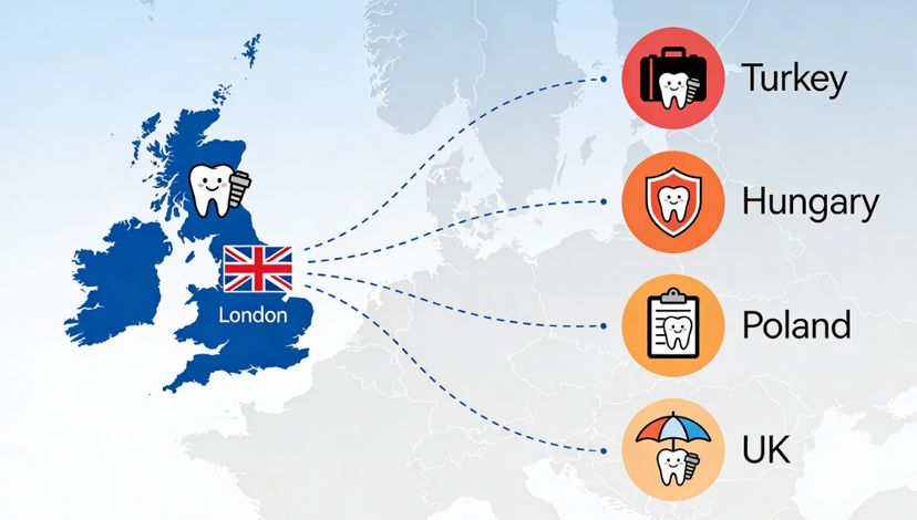 Flat map illustration showing the UK on the left with a tooth implant icon and curved arrows pointing to Turkey, Hungary, Poland and Croatia on the right, highlighting popular dental tourism destinations for UK patients.