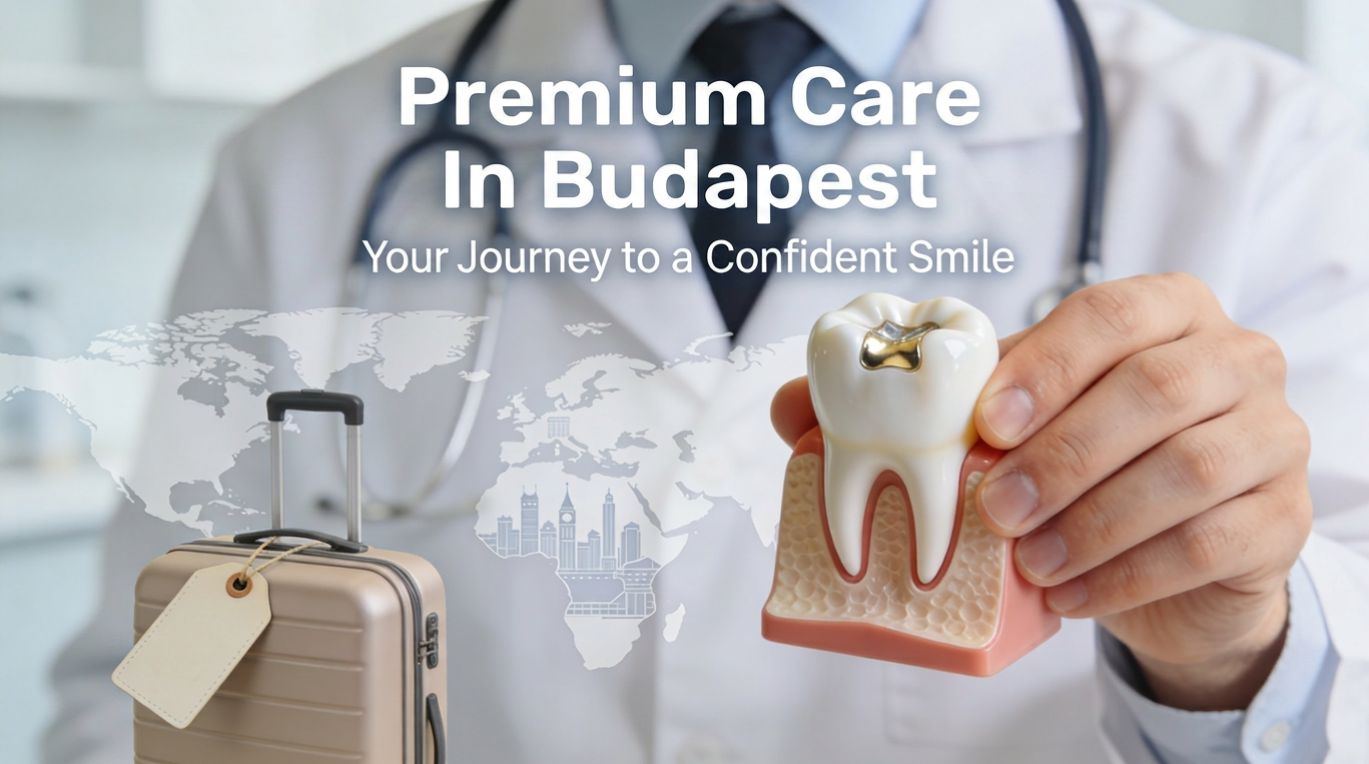 Dental crown concept with a dentist holding a tooth model, representing premium dental care in Budapest.