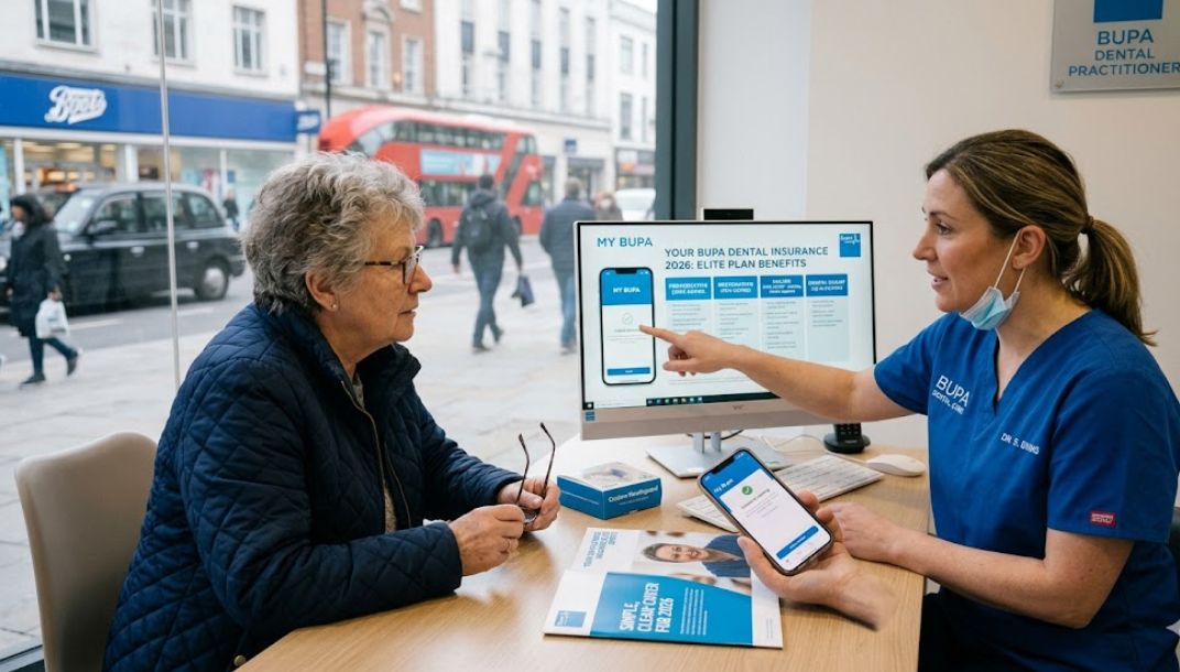 UK patient at a Bupa Dental Care clinic reception in London using the My Bupa app to process an instant insurance claim for private dental treatment.