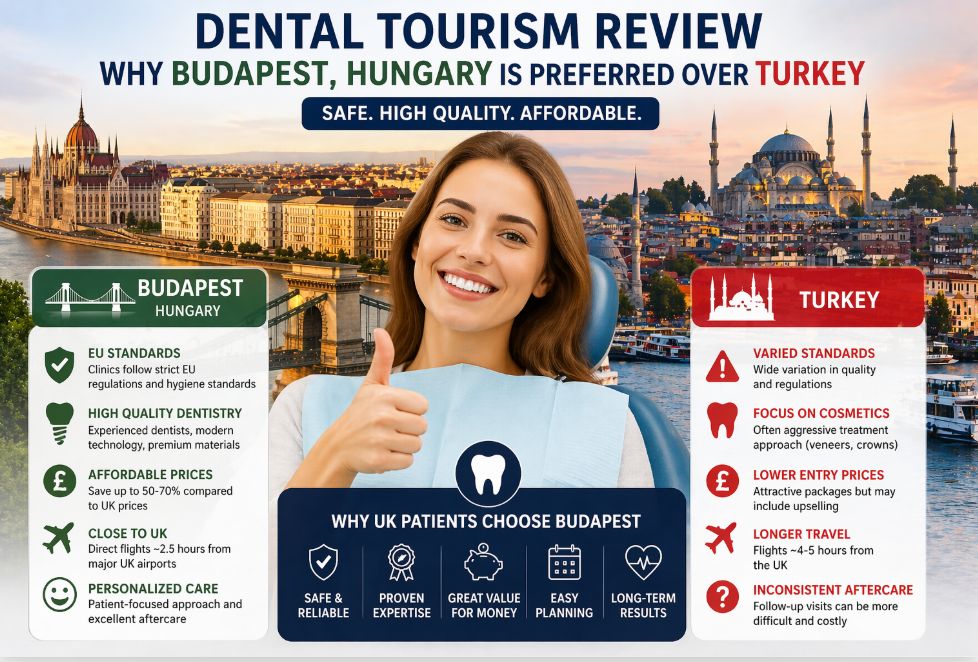 Dental tourism comparison showing why UK patients choose Budapest Hungary over Turkey for safe affordable high quality dental treatment