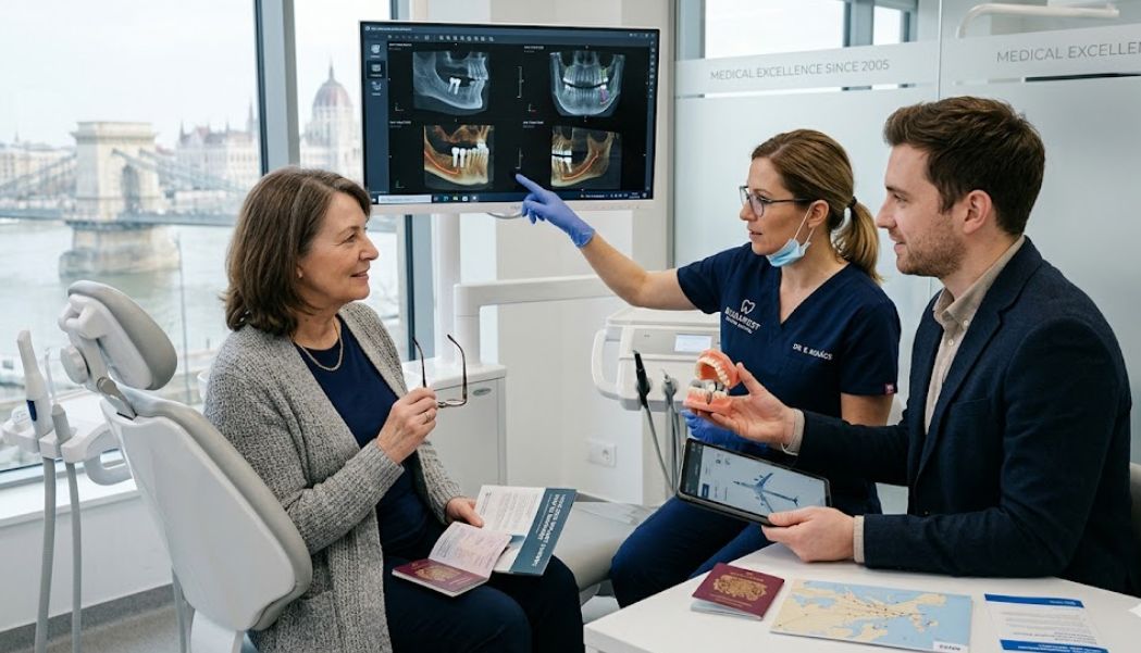 This image uniquely captures the concept of "NHS Eligibility vs. International Alternatives" by including a British patient reviewing a custom "NHS VS BUDAPEST" brochure while pointing to her CBCT scan on the wall-mounted screen. The context is perfectly set with the Hungarian Parliament visible through the clinic window and a British passport on the table, grounding the entire decision process visually for your UK audience.