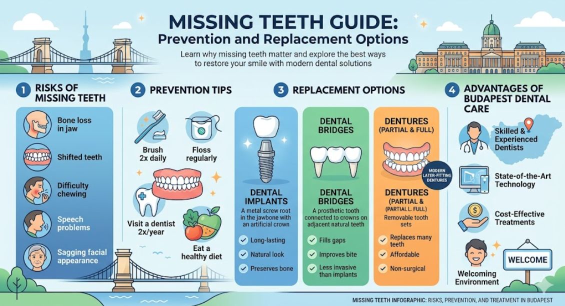 An informative dental infographic titled "Missing Teeth Guide: Prevention and Replacement Options" set against a stylized Budapest skyline. The image is divided into four sections: Risks (bone loss, shifted teeth), Prevention (brushing, flossing, dental visits), Replacement Options (implants, bridges, and dentures), and the Advantages of Budapest Dental Care (skilled doctors and cost-effective treatments). Icons and illustrations of dental procedures are used throughout for clarity.