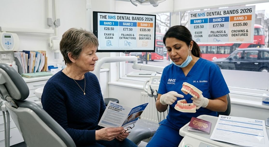 Infographic of NHS dental charges for 2026 showing Band 1, Band 2, and Band 3 prices in a UK dental surgery setting.