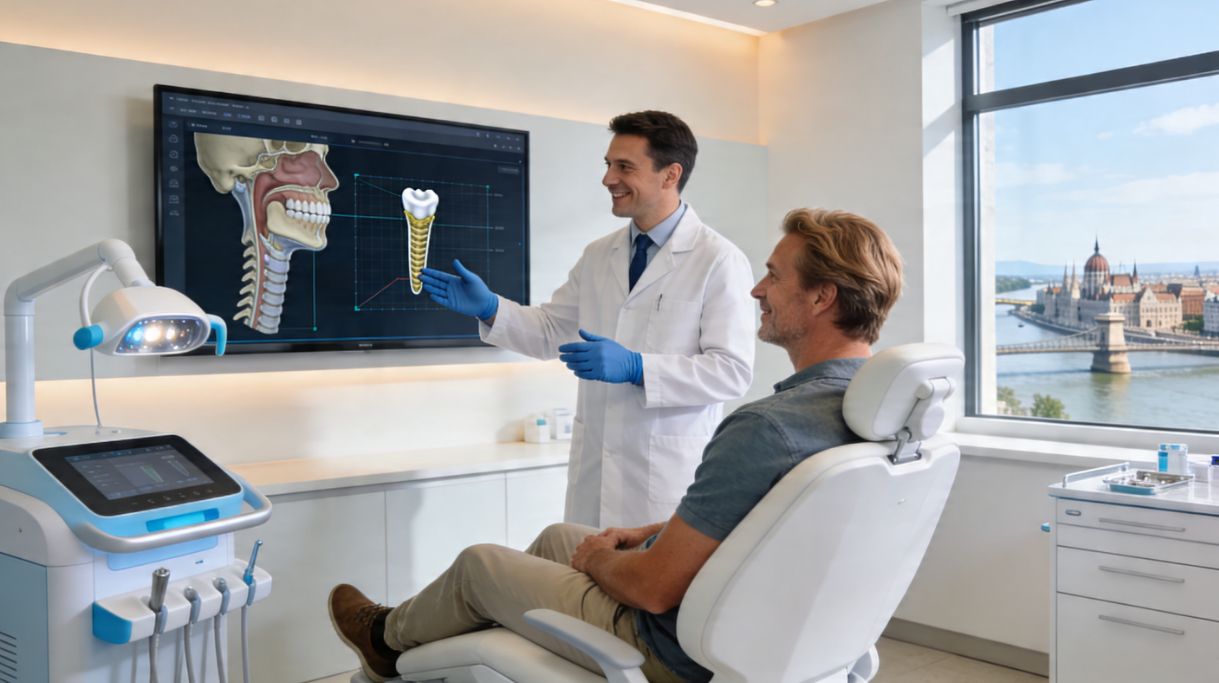 American dental tourist consulting with Hungarian dentist in modern Budapest clinic.