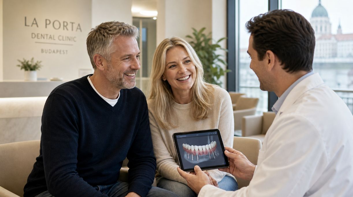 Smiling Icelandic couple discussing All-on-6 dental implants with a dentist at La Porta Dental Clinic in Budapest