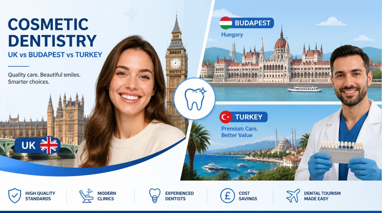 A smiling UK dental patient with split screen showing London, Budapest Parliament and a Turkish coastal city, illustrating cosmetic dentistry in the UK versus Budapest and Turkey for British patients