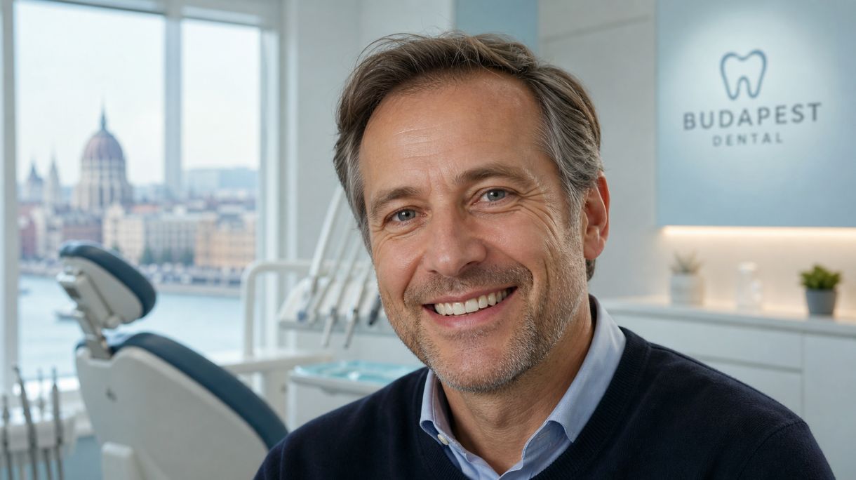Middle-aged dental tourist in Budapest smiling confidently after full mouth restoration in a modern cosmetic dentistry clinic.