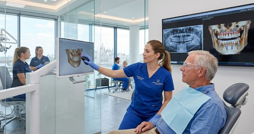 An international dental surgeon showing a UK patient their 3D CBCT bone scan structure on a computer screen before an All-on-4 dental implant procedure.