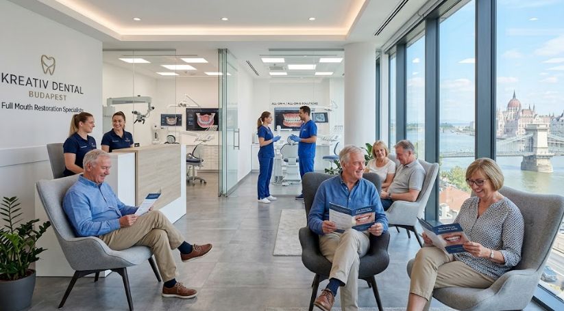 UK dental tourism patients in a modern Budapest clinic waiting room overlooking the Danube River for full mouth restoration and All-on-4 dental implants.