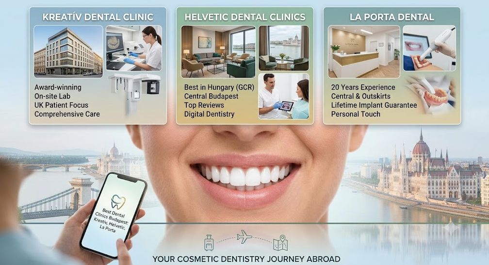 An infographic comparison of the best dental clinics in Budapest—Kreativ Dental Clinic, Helvetic Dental Clinics, and La Porta Dental - featuring a bright cosmetic smile, a phone showing a dental guide, and the Budapest skyline.