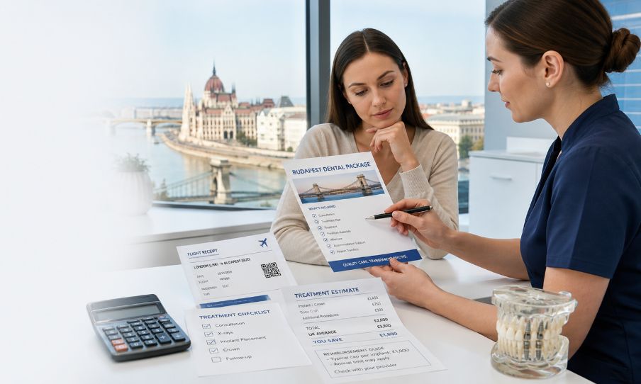 Budapest dental package consultation showing flight reimbursement terms and hidden costs for UK patients