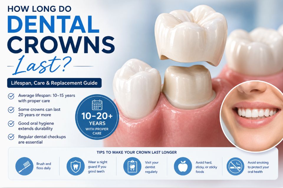 Dental crown on a tooth illustrating the average lifespan of dental crowns with oral care and maintenance tips for long-lasting dental restorations.