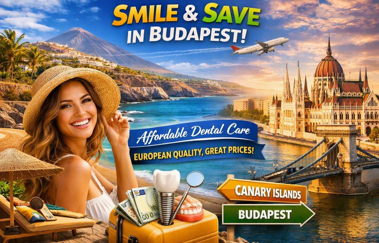 Promotional image for dental tourism from the Canary Islands to Budapest featuring a smiling woman on a sunny beach, airplane flying toward the Hungarian Parliament and Chain Bridge, and text “Smile & Save in Budapest – Affordable Dental Care.” Highlights travel connection and affordable European dental treatment for Canary Islands residents.