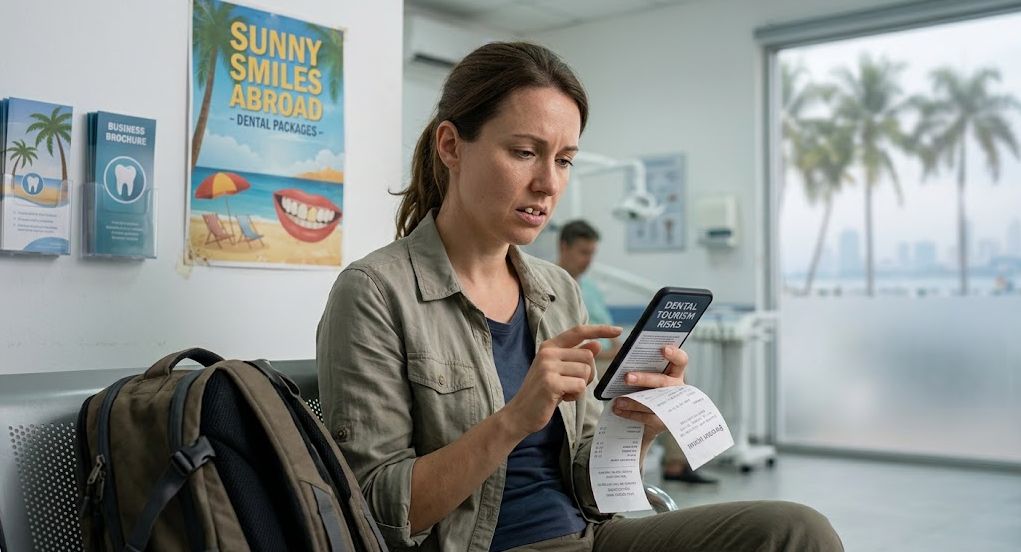 An anxious patient looking at a smartphone while researching foreign clinic risks in a dental holiday waiting room.
