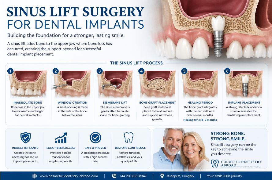 Sinus lift surgery for dental implants showing bone grafting and implant placement process