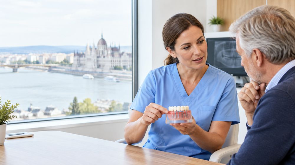 Dentist explaining a dental implant model to an older patient during a consultation at a modern Budapest clinic.
