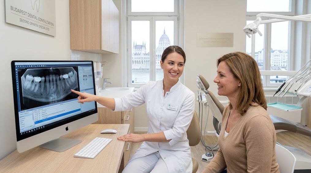 Dentist reviewing a digital dental treatment plan and X-ray during a second opinion consultation in Budapest