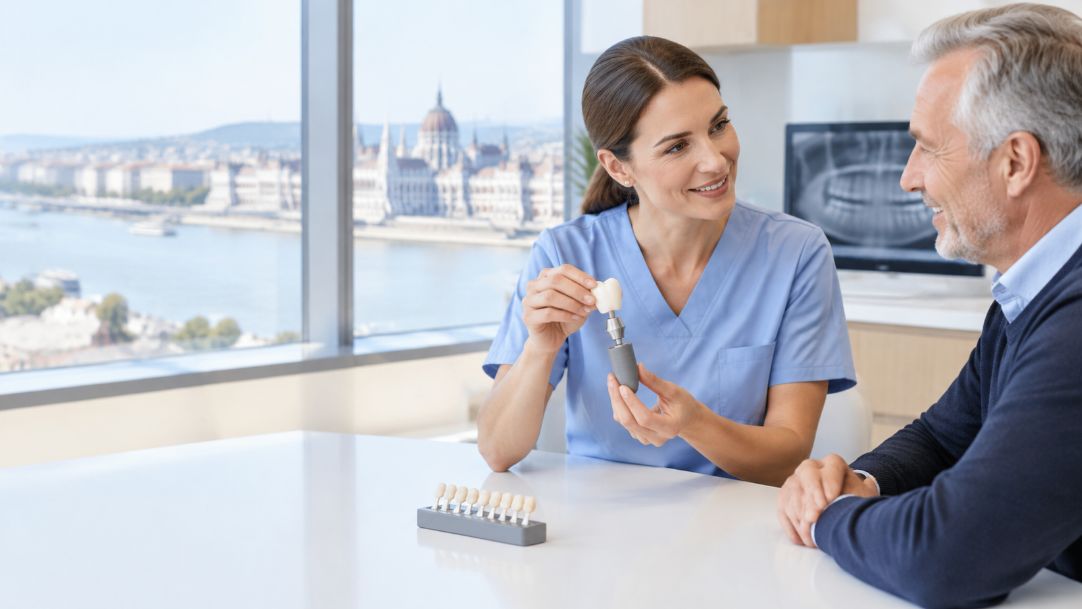Dentist explaining a dental implant demonstration model to an older patient during a consultation in Budapest.